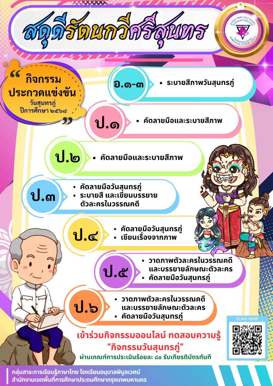 ขอเชิญชวนนักเรียนเข้าร่วมกิจกรรมการตอบคำถามเพื่อรับเกียรติบัตร ในกิจกรรม “วันสุนทรภู่” ประจำปีการศึก…