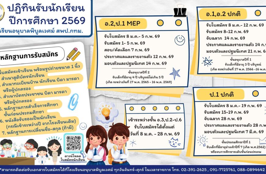 โรงเรียนอนุบาลพิบูลเวศม์ เปิดรับสมัครนักเรียนใหม่ ประจำปีการศึกษา 2569