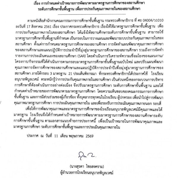 ประกาศโรงเรียนอนุบาลพิบูลเวศม์ เรื่อง การกำหนดค่าเป้าหมายการพัฒนาตามมาตรฐานการศึกษาของสถานศึกษา ระดั&hellip;